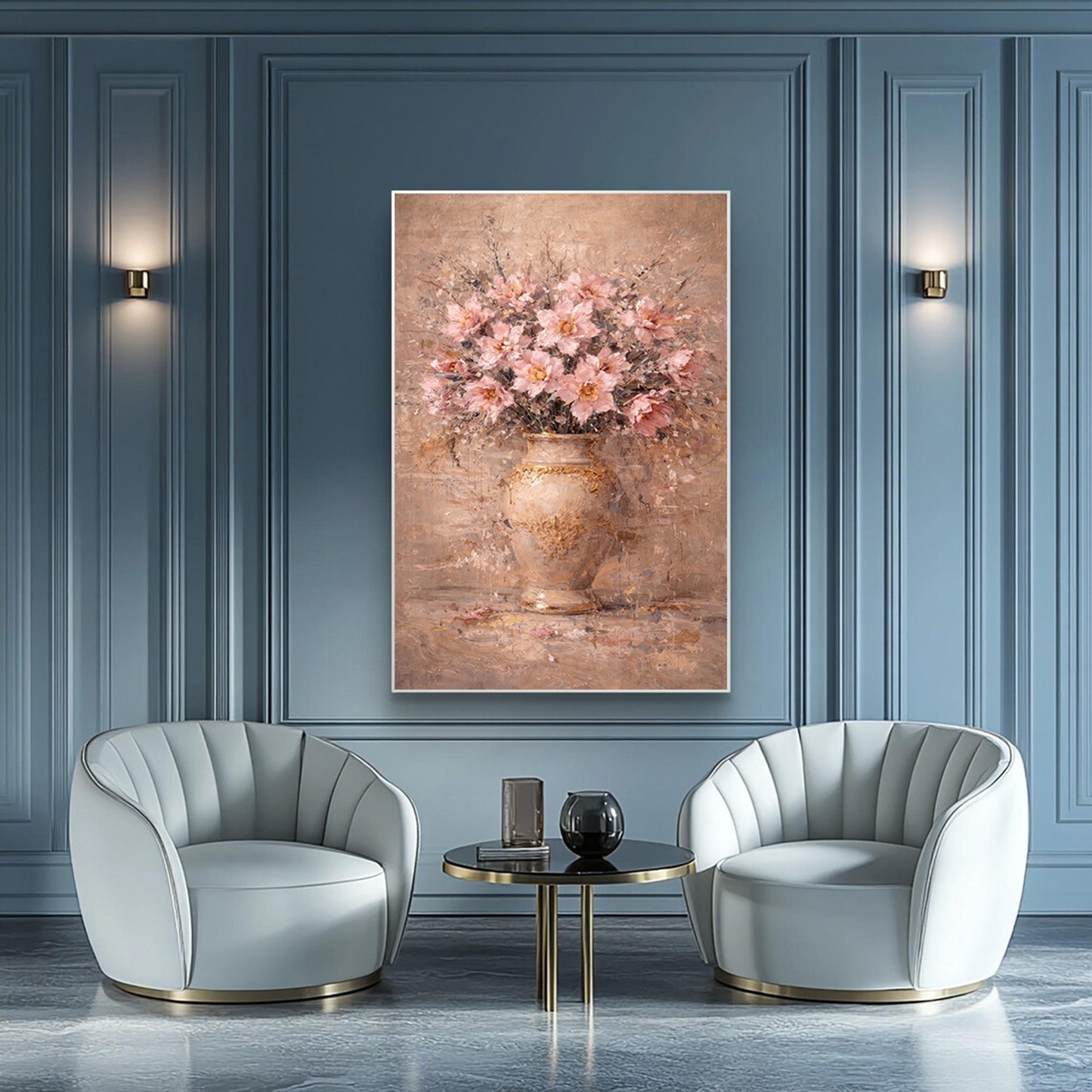 Blush Pink Peony Floral Painting Gold Vase Wall Art
