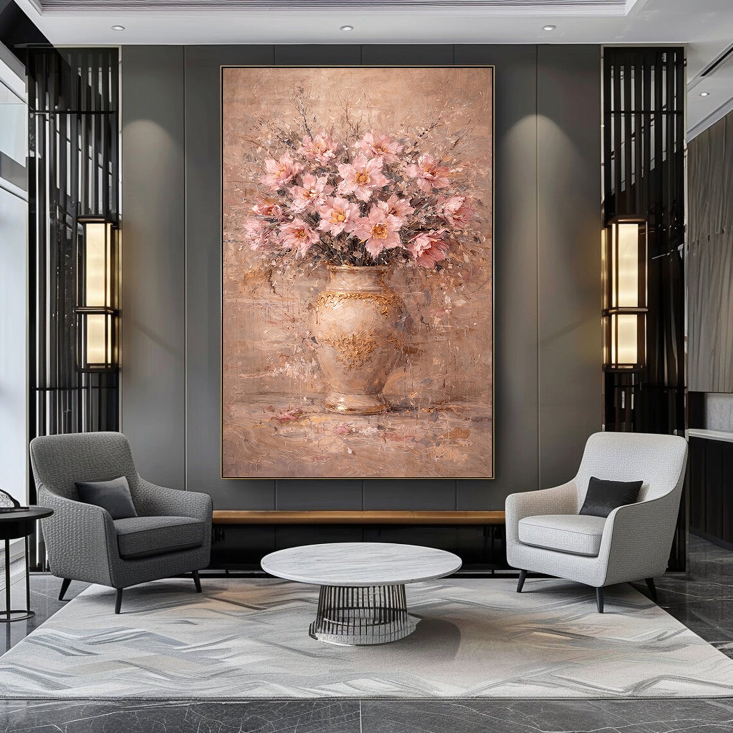 Blush Pink Peony Floral Painting Gold Vase Wall Art