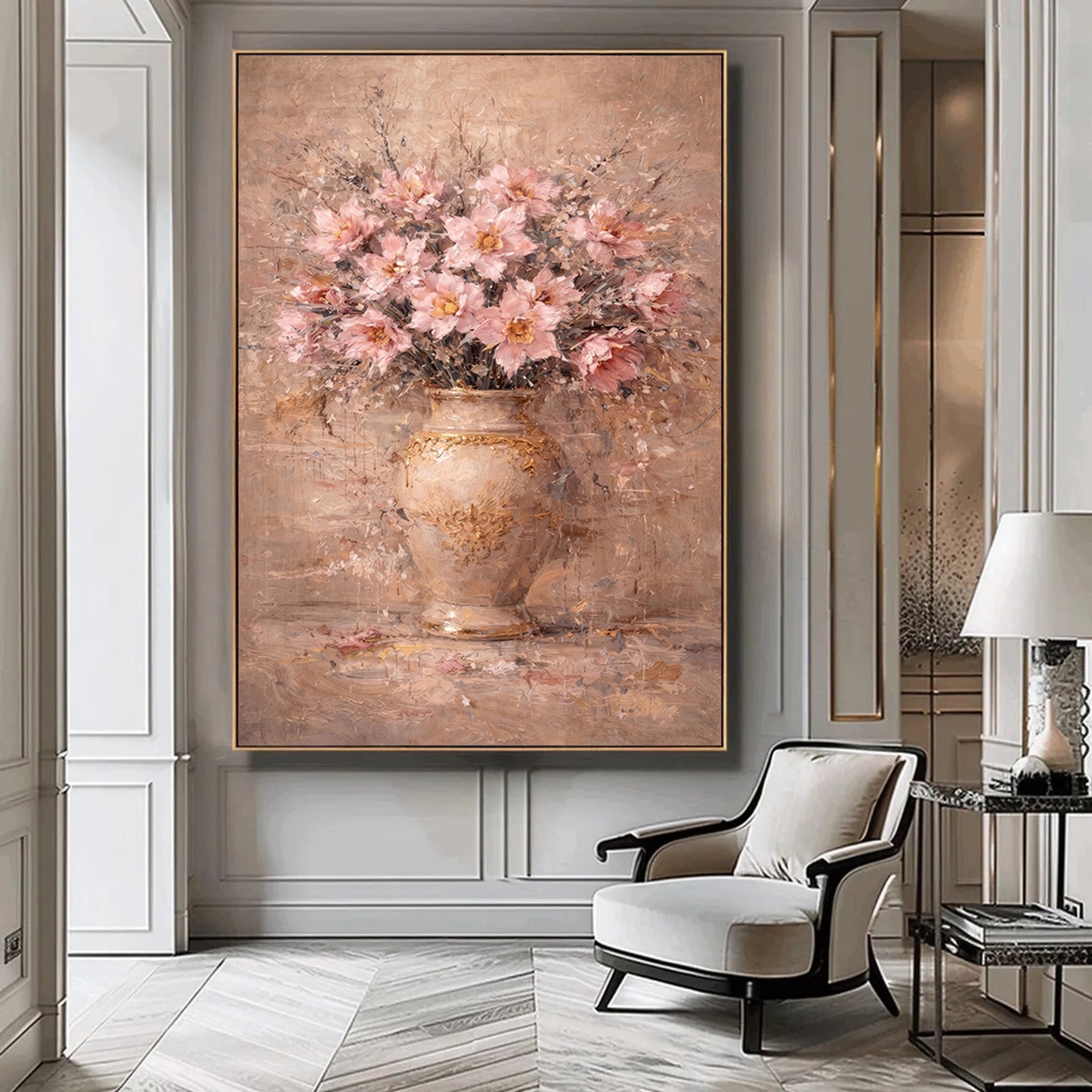 Blush Pink Peony Floral Painting Gold Vase Wall Art