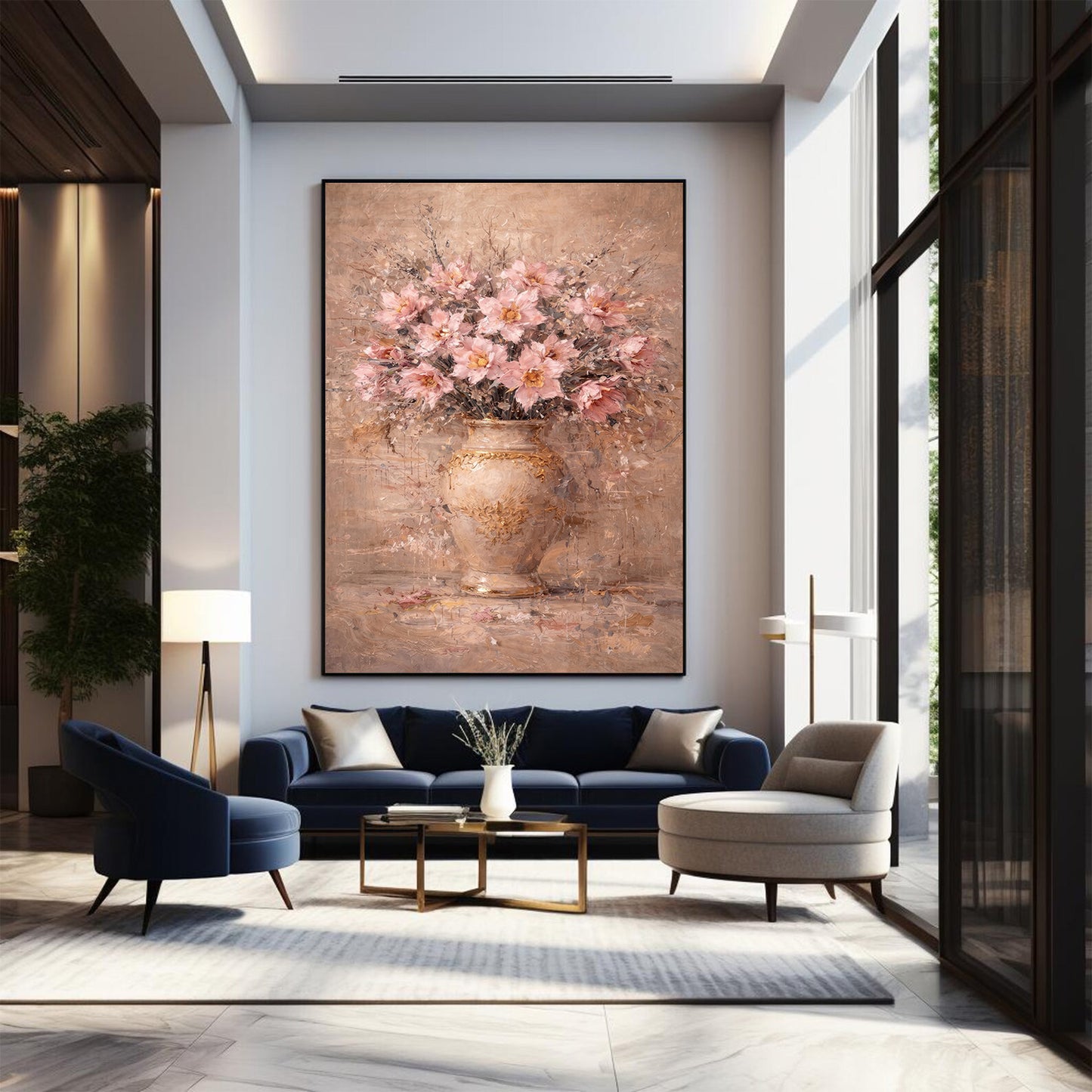 Blush Pink Peony Floral Painting Gold Vase Wall Art