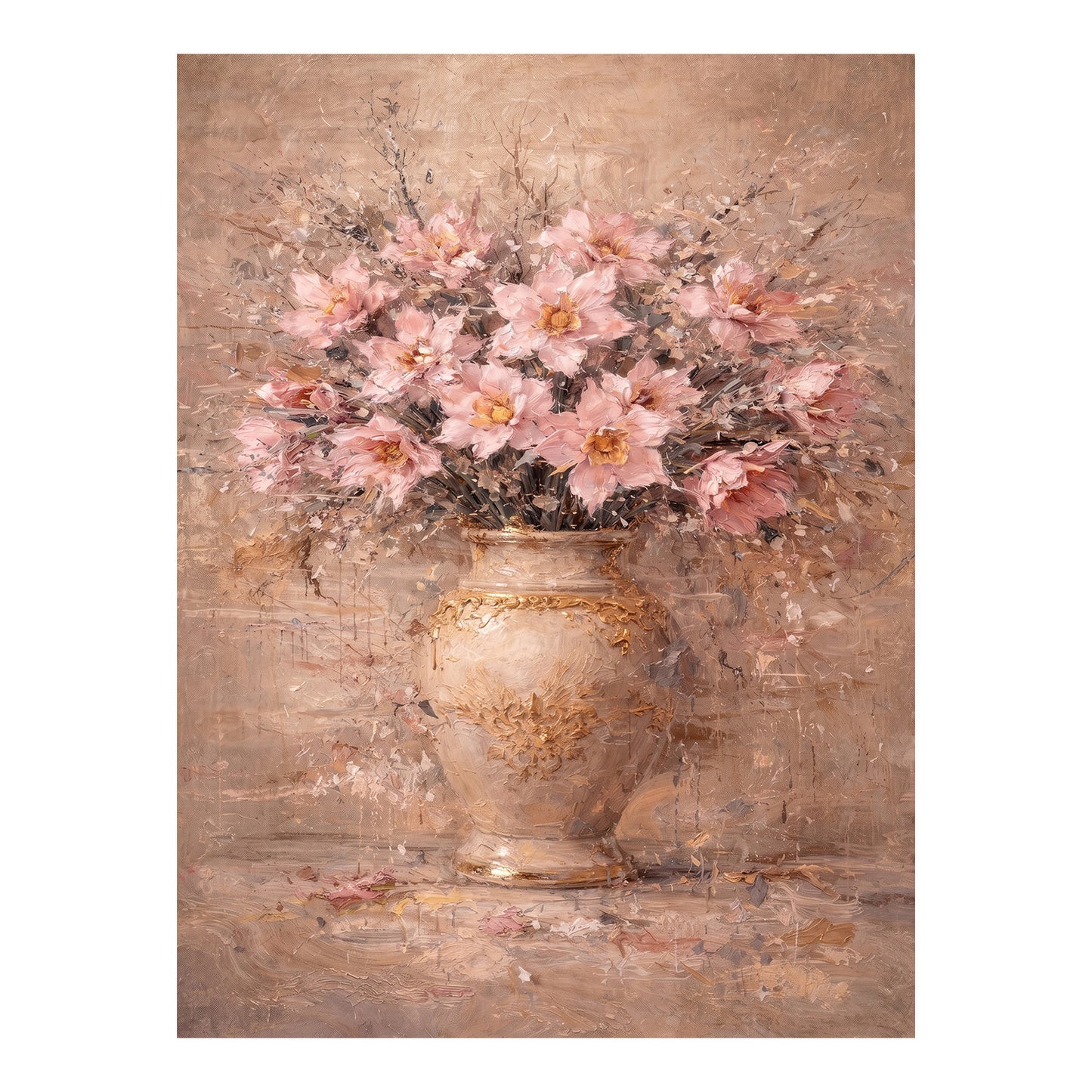 Blush Pink Peony Floral Painting Gold Vase Wall Art