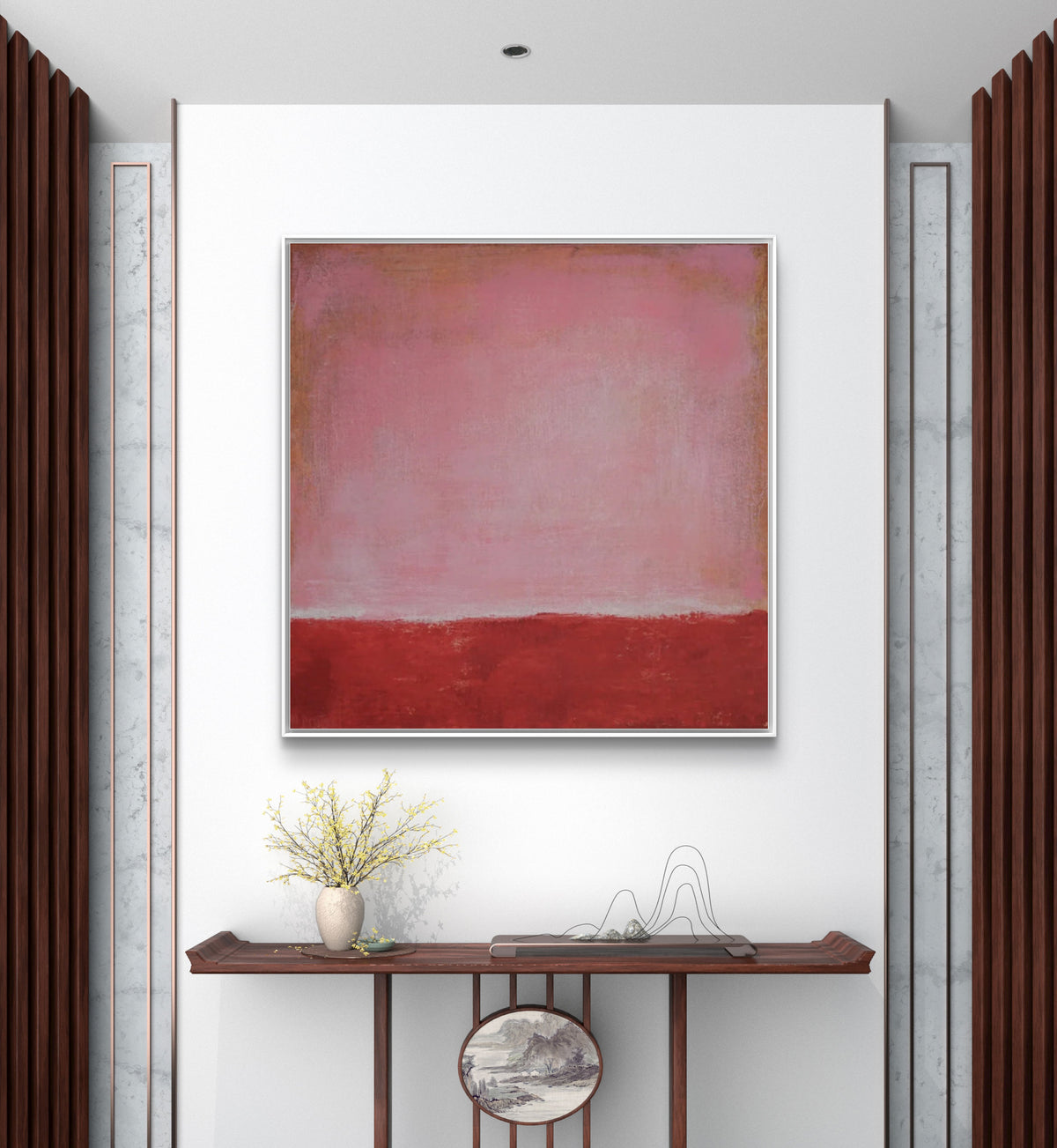Room mockup showing soft blush pink rectangular field above a deep red lower band with a narrow pale divider.