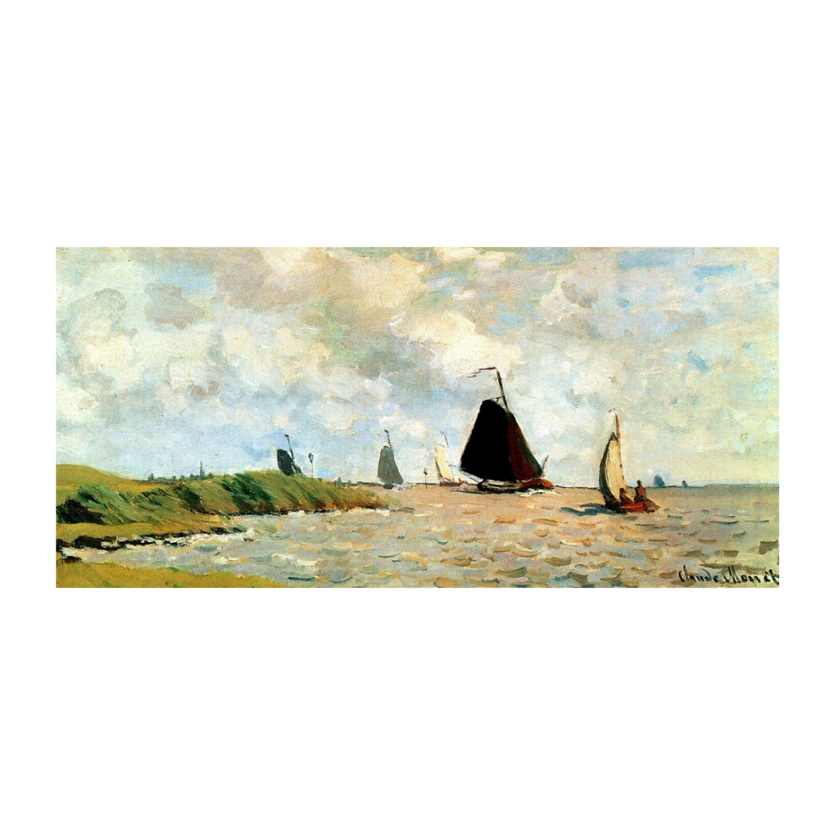 Hand-painted canvas featuring dark-sailed boats near the shore beneath a pale cloudy sky.