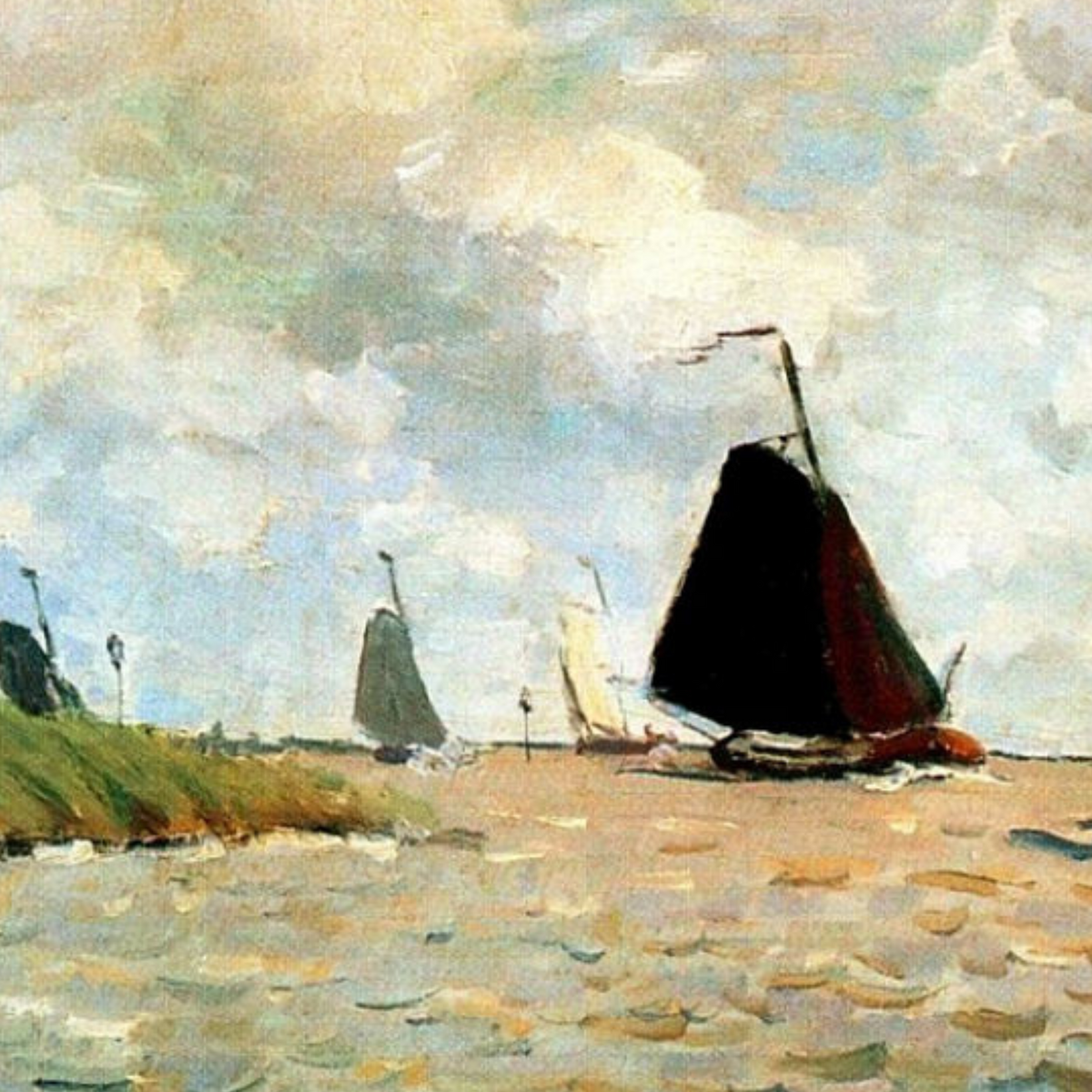 Hand-painted canvas featuring dark-sailed boats near the shore beneath a pale cloudy sky.