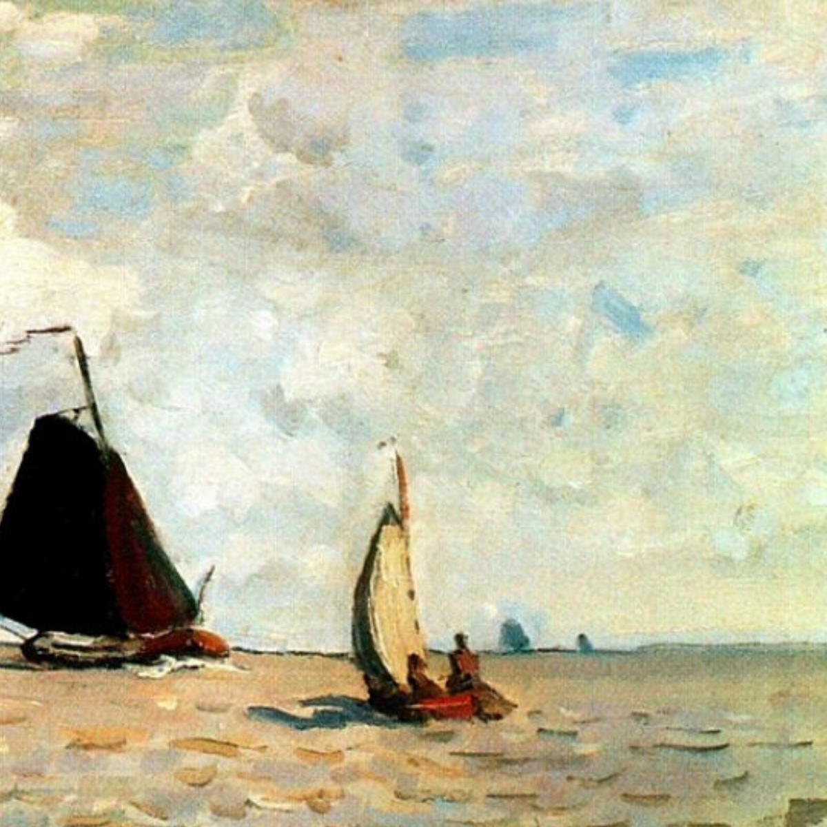 Hand-painted canvas featuring dark-sailed boats near the shore beneath a pale cloudy sky.