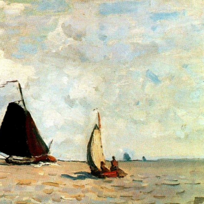 Hand-painted canvas featuring dark-sailed boats near the shore beneath a pale cloudy sky.