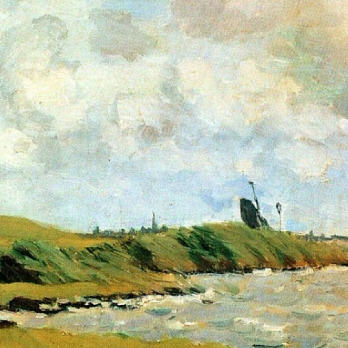 Hand-painted canvas featuring dark-sailed boats near the shore beneath a pale cloudy sky.