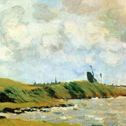 Hand-painted canvas featuring dark-sailed boats near the shore beneath a pale cloudy sky.