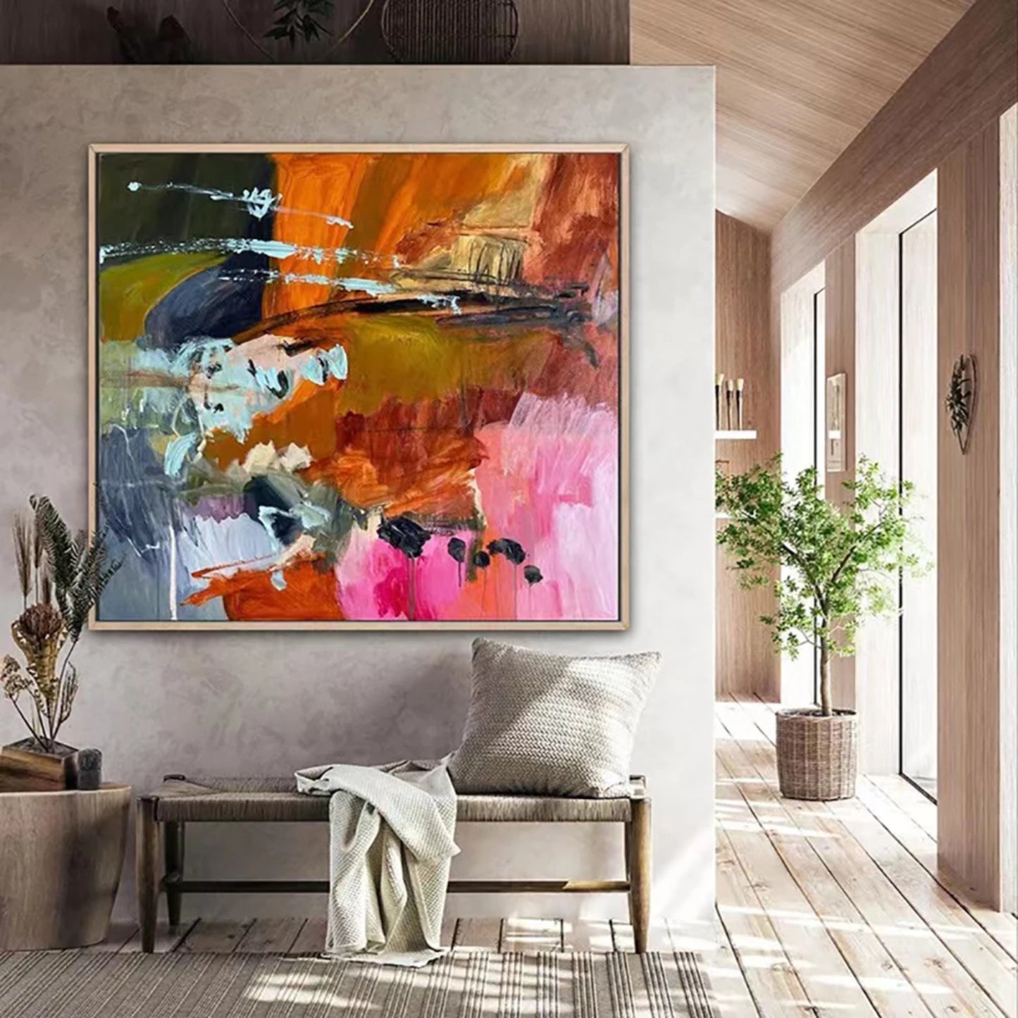 Bold Abstract Multicolor Painting with Dynamic Strokes in Modern Living Room