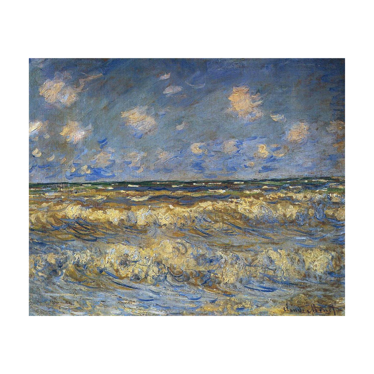 Hand-painted canvas featuring breaking waves and pale sea foam beneath a textured blue-grey sky.