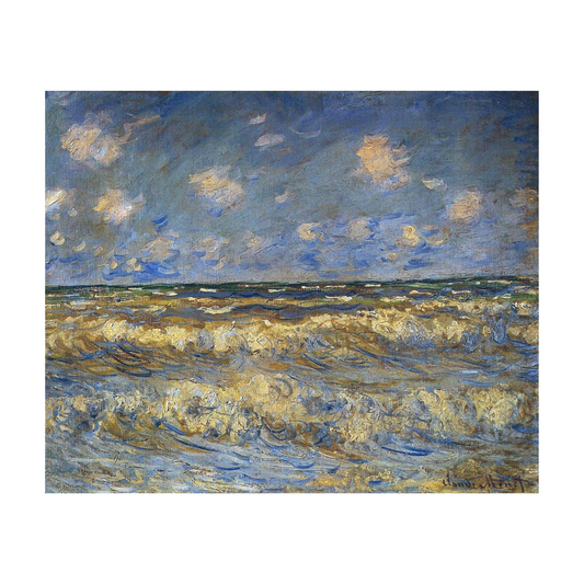 Hand-painted canvas featuring breaking waves and pale sea foam beneath a textured blue-grey sky.