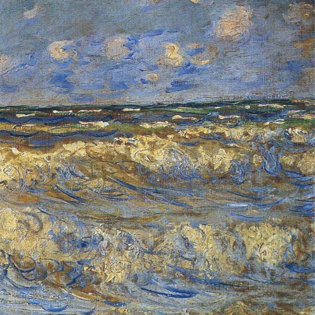 Hand-painted canvas featuring breaking waves and pale sea foam beneath a textured blue-grey sky.