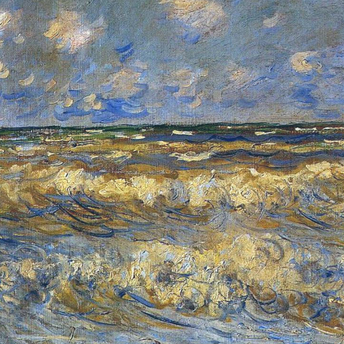 Hand-painted canvas featuring breaking waves and pale sea foam beneath a textured blue-grey sky.