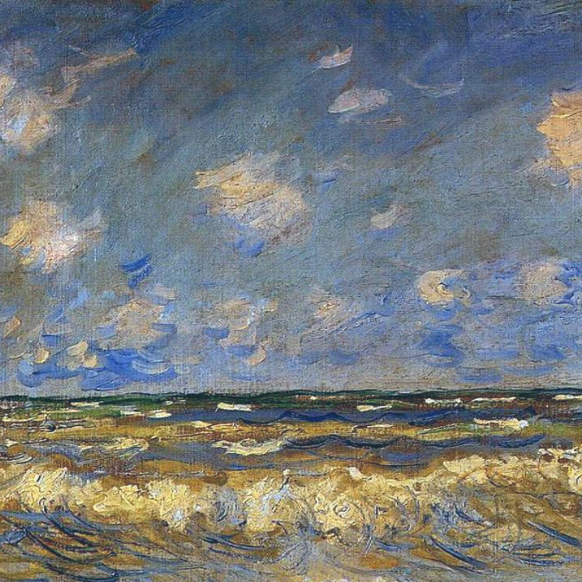 Hand-painted canvas featuring breaking waves and pale sea foam beneath a textured blue-grey sky.