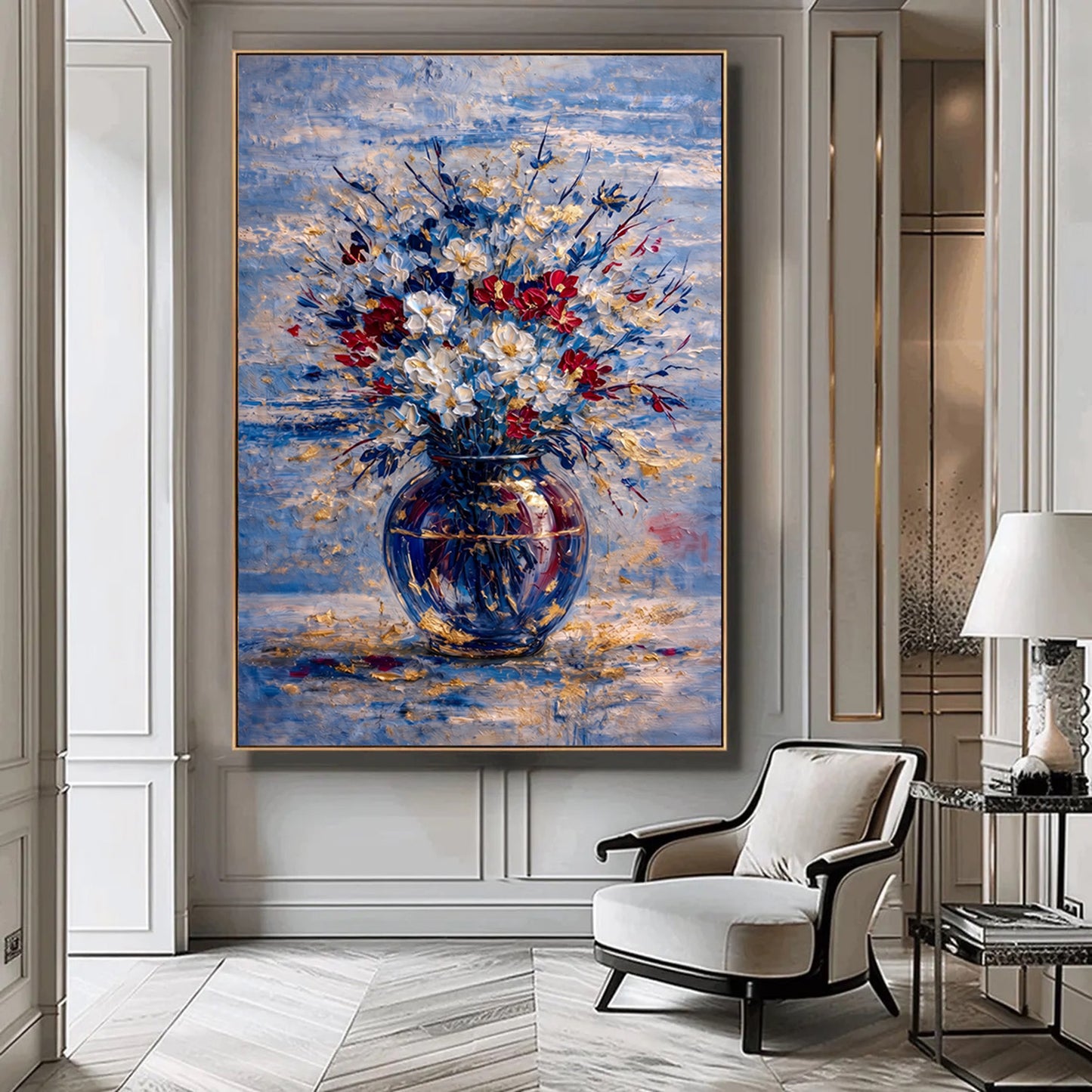 Blue Red Floral Painting Gold Vase Textured Wall Art