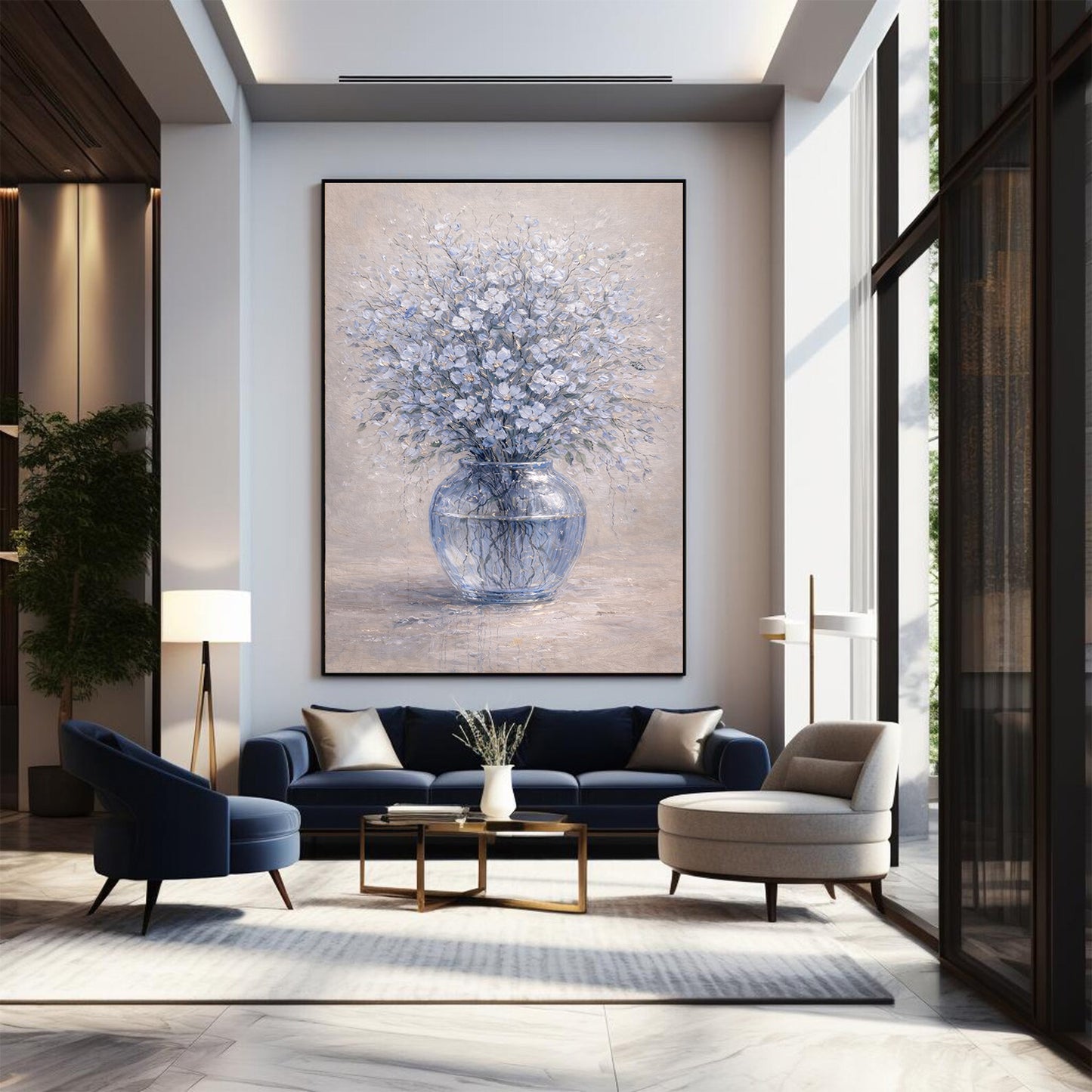 Soft Blue Floral Painting Glass Vase Neutral Wall Art