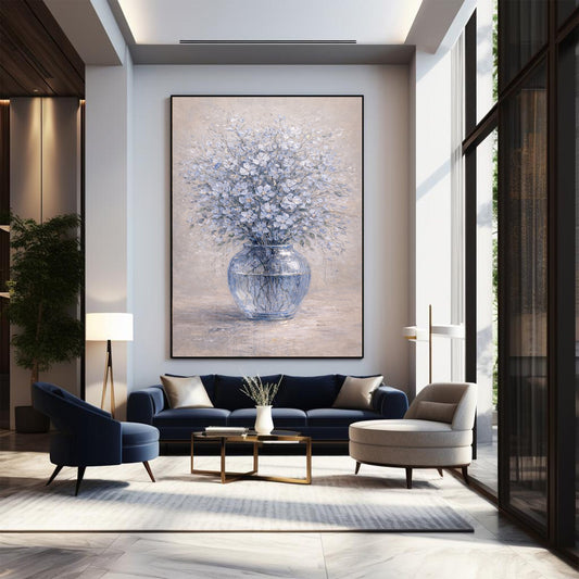 Soft Blue Floral Painting Glass Vase Neutral Wall Art