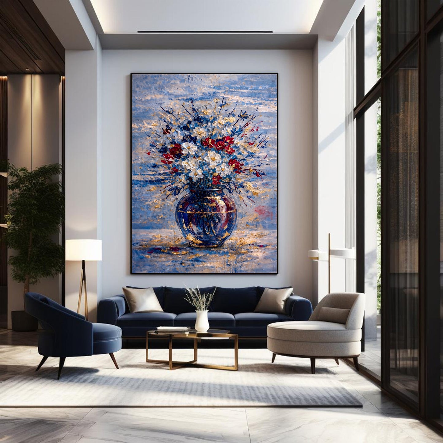 Blue Red Floral Painting Gold Vase Textured Wall Art