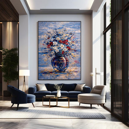 Blue Red Floral Painting Gold Vase Textured Wall Art