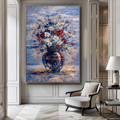 Blue Red Floral Painting Gold Vase Textured Wall Art