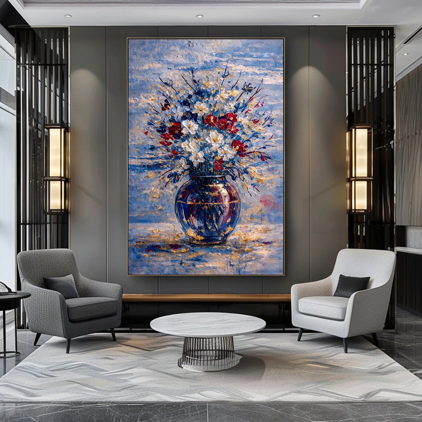 Blue Red Floral Painting Gold Vase Textured Wall Art
