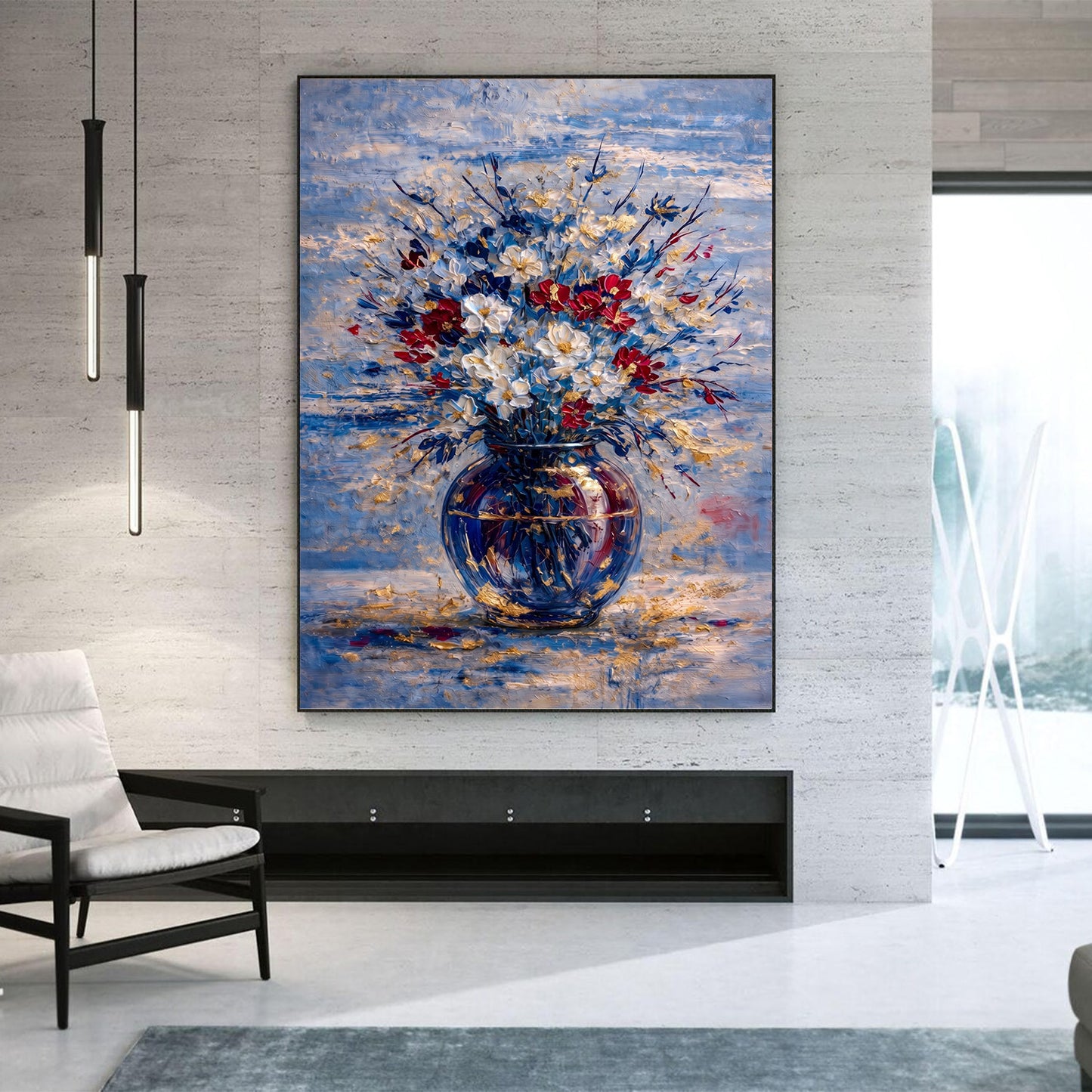 Blue Red Floral Painting Gold Vase Textured Wall Art