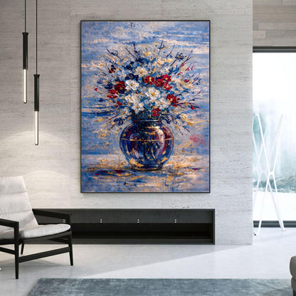 Blue Red Floral Painting Gold Vase Textured Wall Art