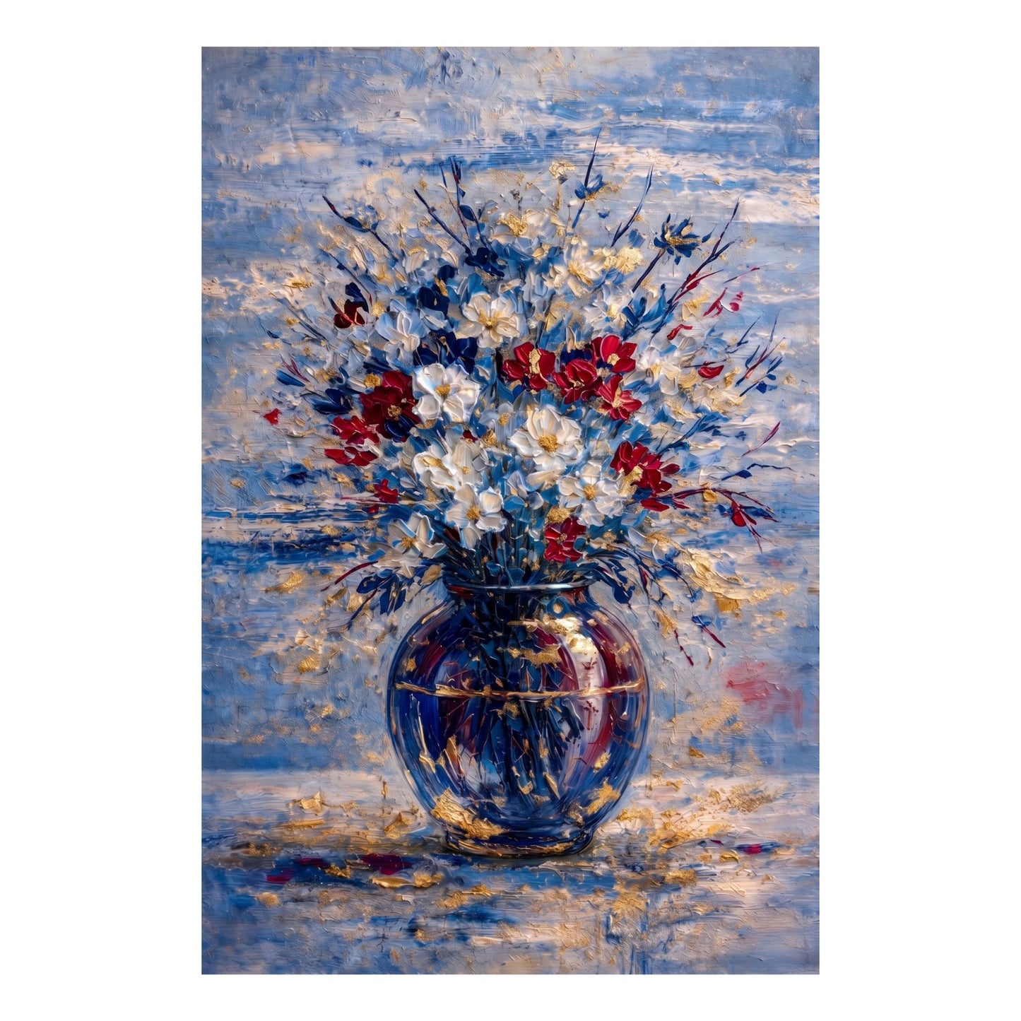 Blue Red Floral Painting Gold Vase Textured Wall Art
