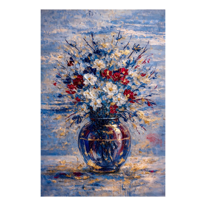 Blue Red Floral Painting Gold Vase Textured Wall Art