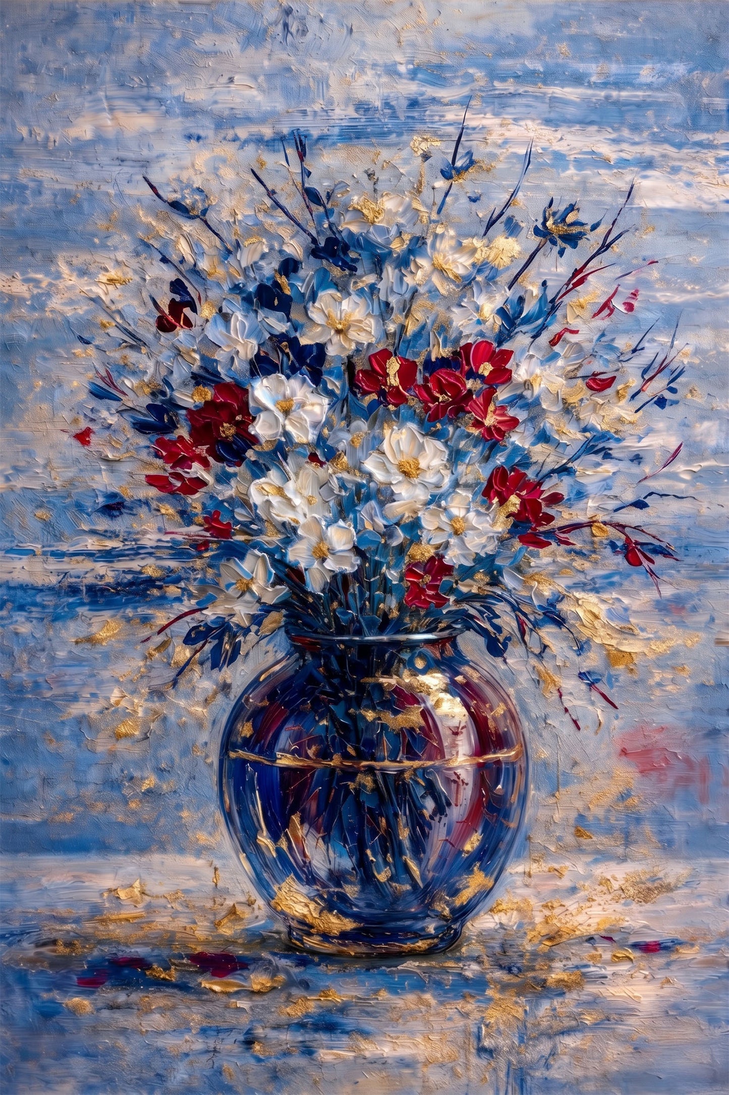 Blue Red Floral Painting Gold Vase Textured Wall Art