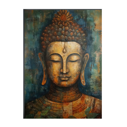 Bronze-toned Buddha face with closed eyes against a textured teal background.