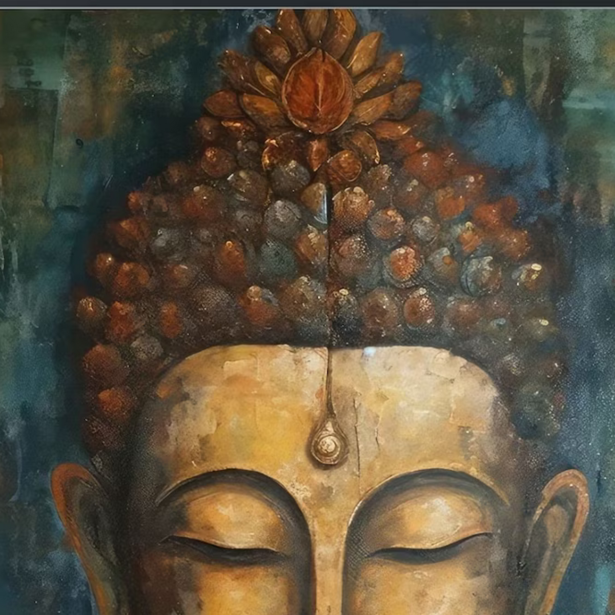 Close-up of curled hair and warm bronze-gold highlights on the Buddha’s head.