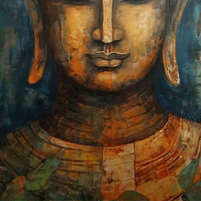 Detail of the serene Buddha face and teal-blue background.