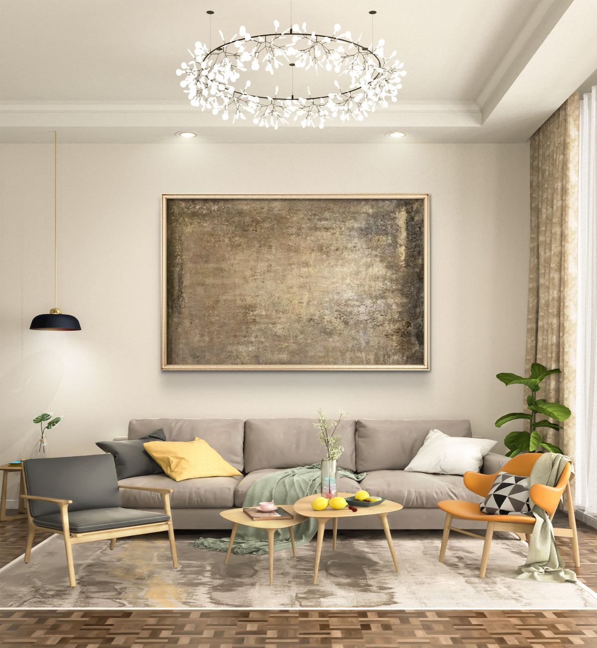 Room mockup showing brown and beige mottled abstract surface with a softly brighter centre and darker charcoal edges.