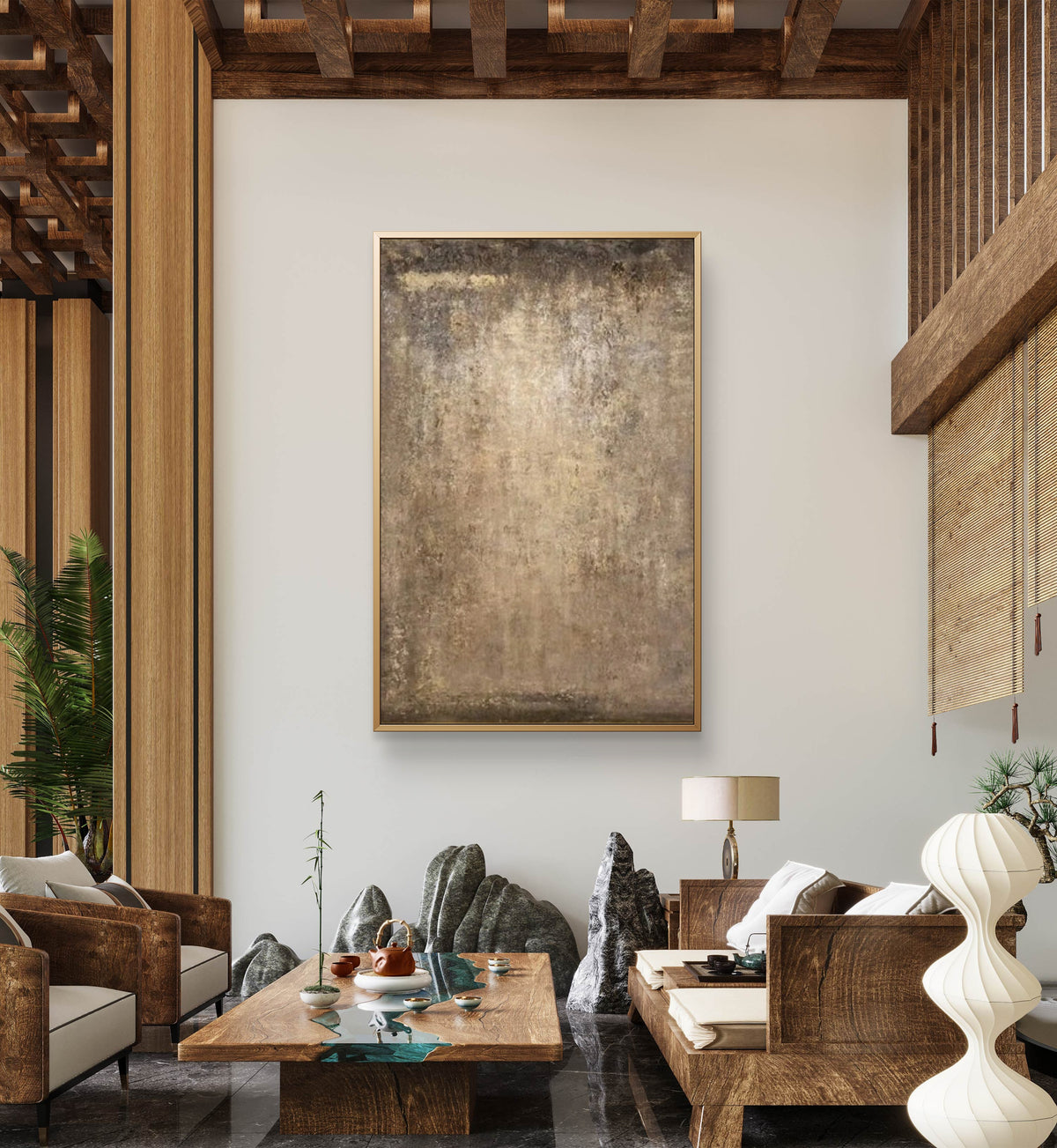 Room mockup showing brown and beige mottled abstract surface with a softly brighter centre and darker charcoal edges.