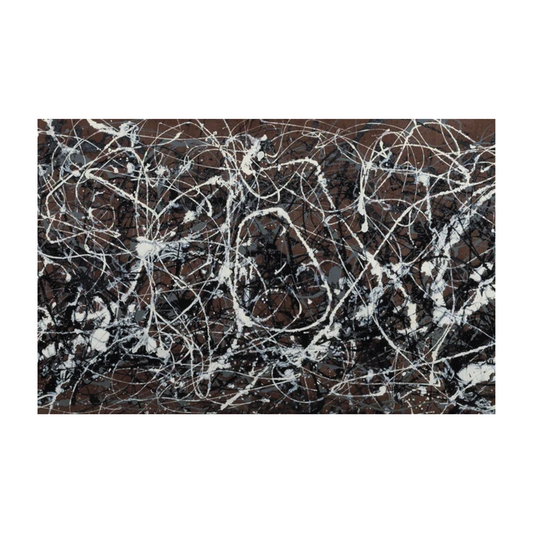 Hand-painted canvas showing looping white and grey drips over dark brown and black layers.
