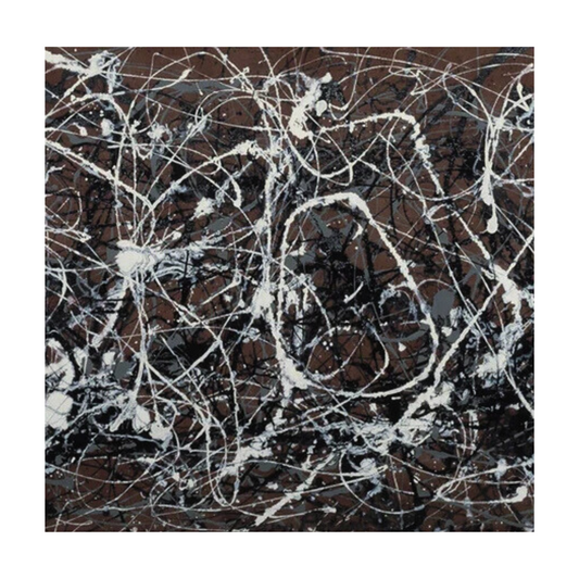 Square crop showing looping white and grey drips over dark brown and black layers.