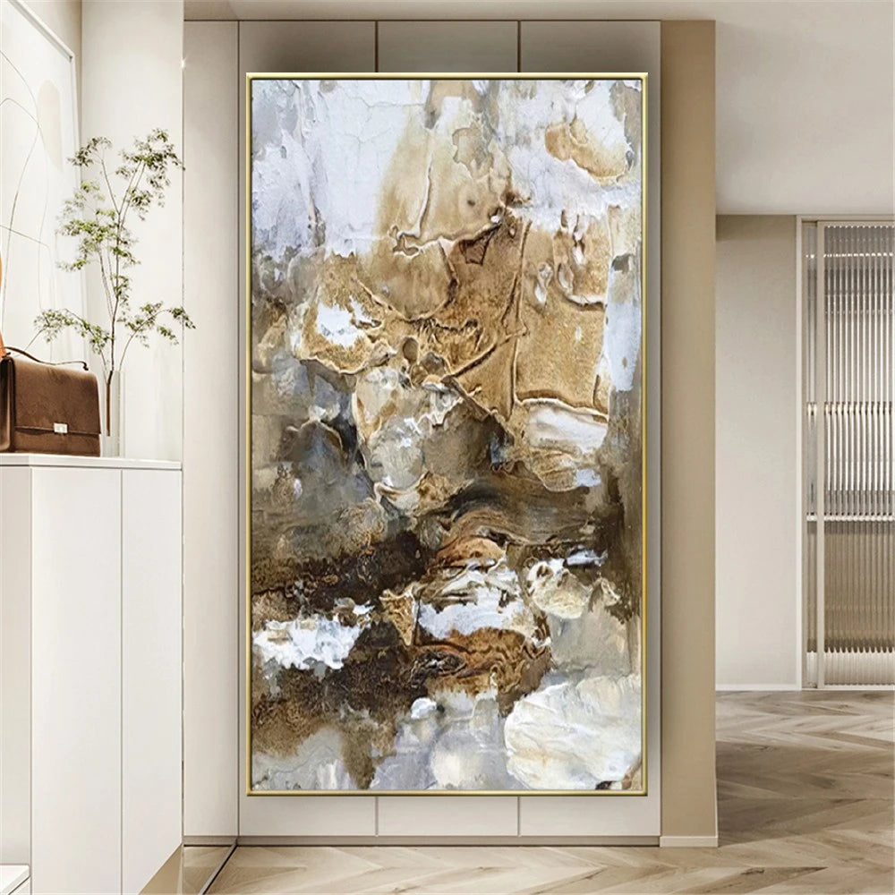 Room mockup showing flowing brown, cream and gold-coloured textured shapes with fine dark contours and scattered white patches.