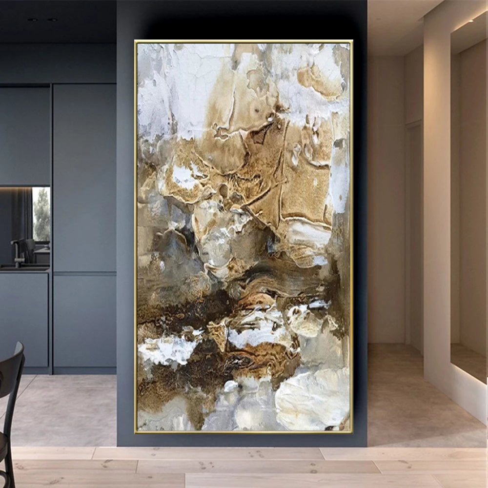 Room mockup showing flowing brown, cream and gold-coloured textured shapes with fine dark contours and scattered white patches.