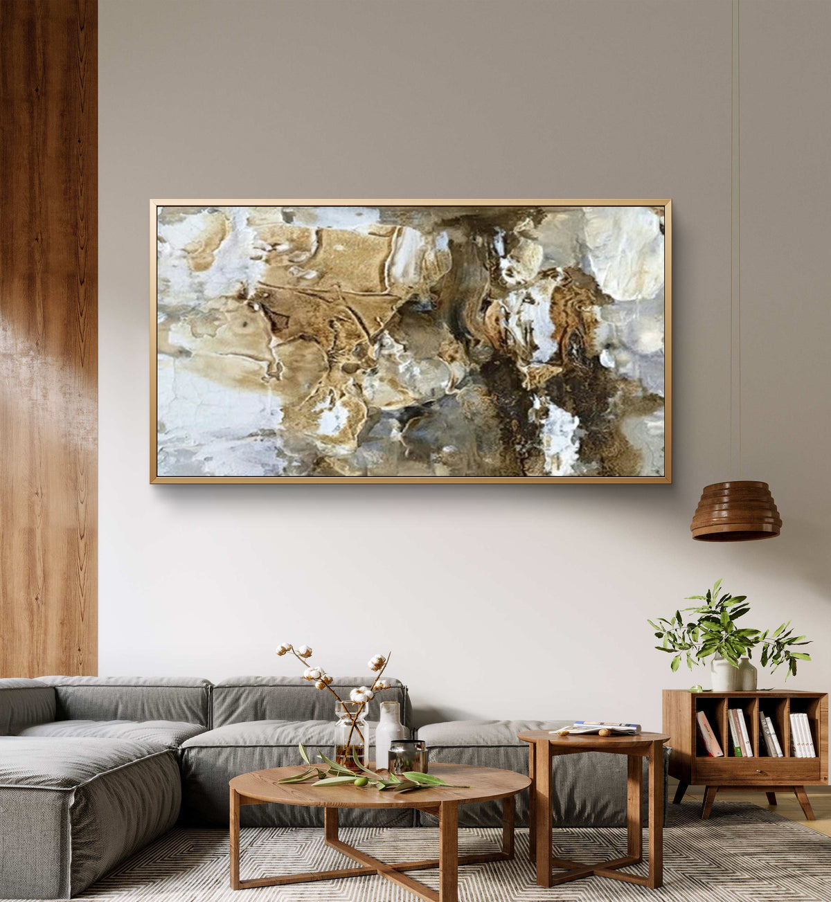 Room mockup showing flowing brown, cream and gold-coloured textured shapes with fine dark contours and scattered white patches.