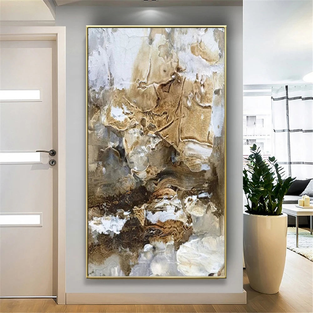 Room mockup showing flowing brown, cream and gold-coloured textured shapes with fine dark contours and scattered white patches.