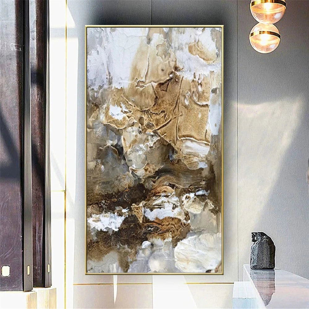 Room mockup showing flowing brown, cream and gold-coloured textured shapes with fine dark contours and scattered white patches.