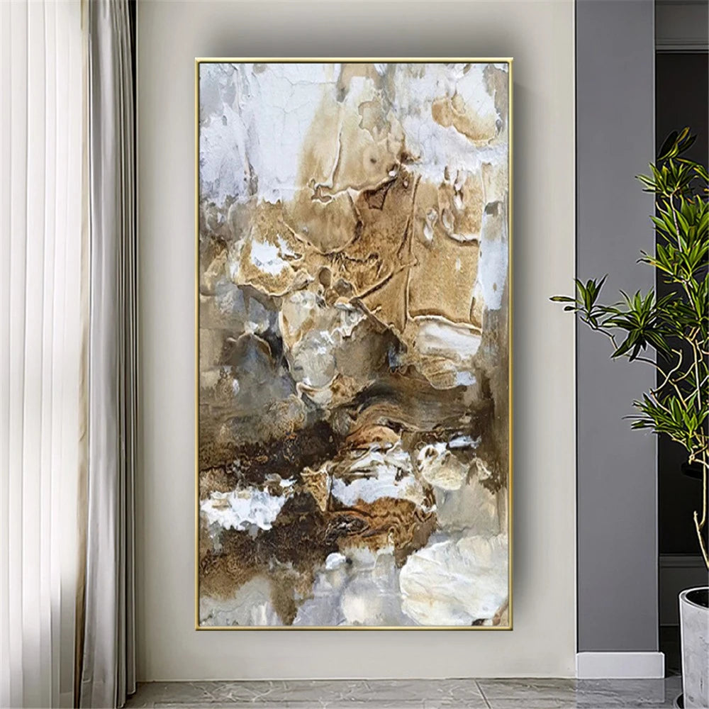 Room mockup showing flowing brown, cream and gold-coloured textured shapes with fine dark contours and scattered white patches.