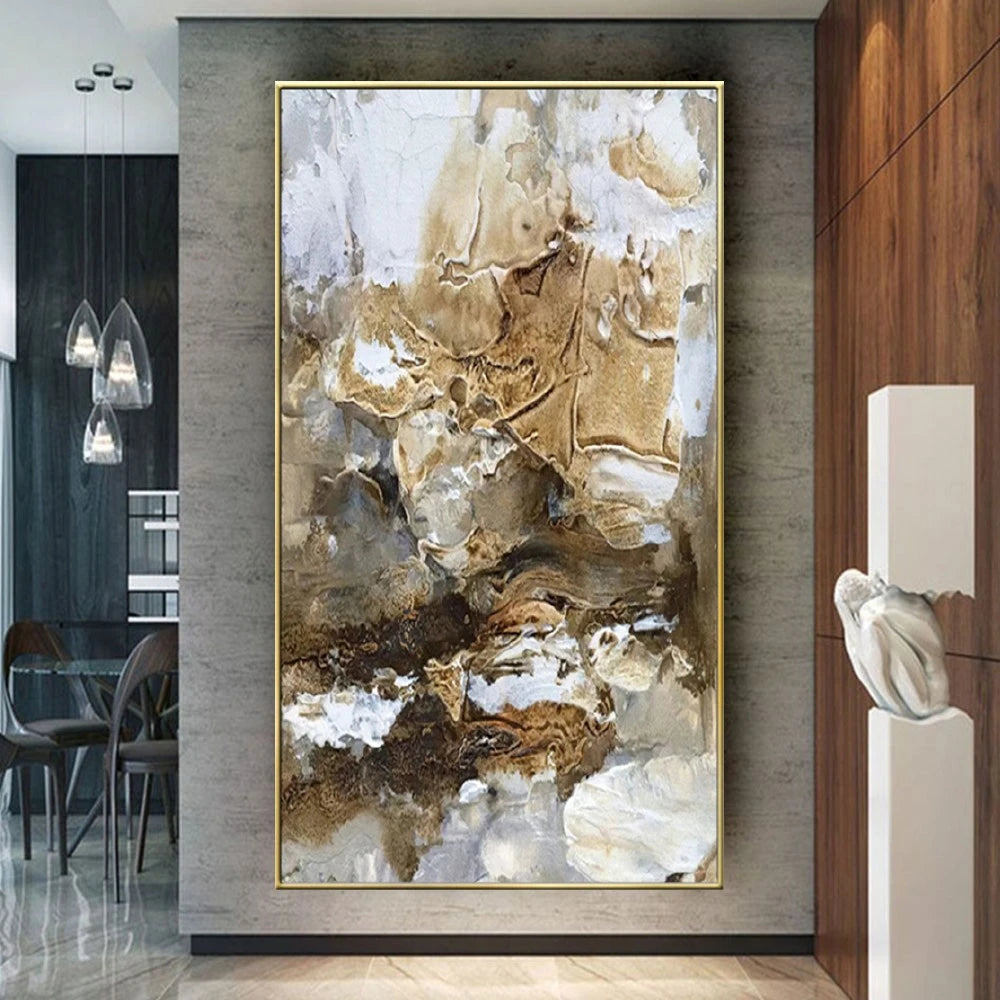 Room mockup showing flowing brown, cream and gold-coloured textured shapes with fine dark contours and scattered white patches.