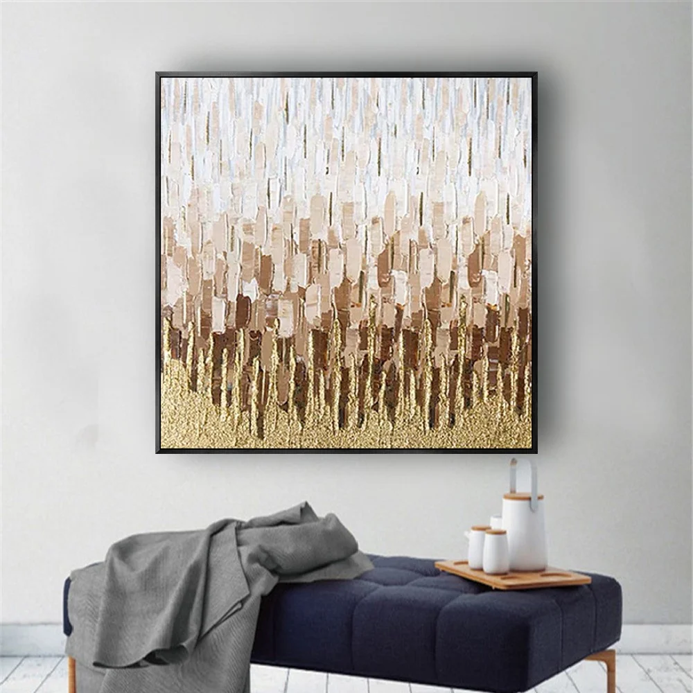 Room mockup showing cream, brown and gold-coloured vertical textured strokes rising from a dense lower band.