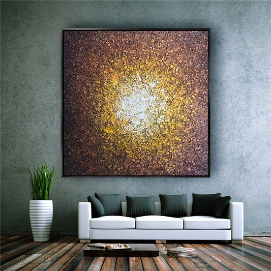 Room mockup showing dense brown and gold-coloured marks radiating around a small bright white centre.
