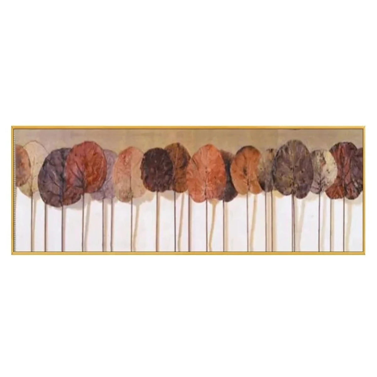 Row of round stylised trees in brown, rust, orange and muted mauve on thin pale trunks against cream.