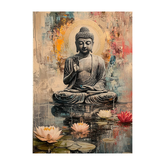 Seated Buddha with a raised hand and lotus flowers over reflective water.