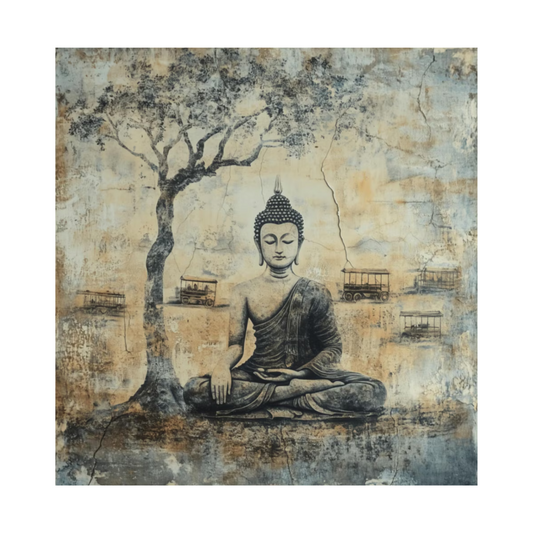 Seated Buddha beneath a tree on a sepia and grey mural-style background.