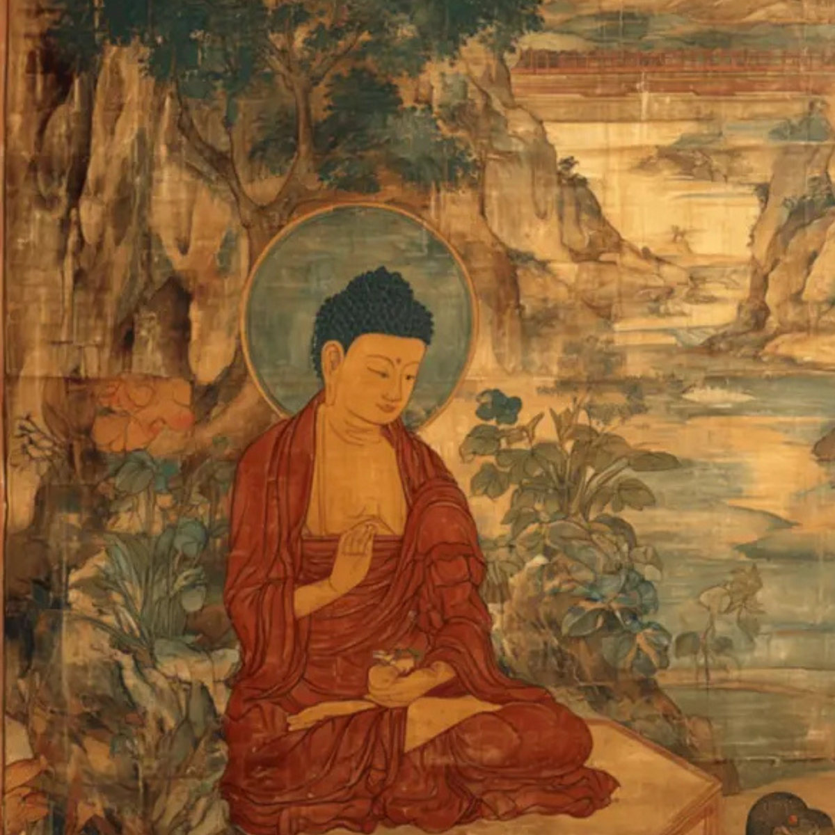 Close-up of the robed Buddha and halo against a detailed landscape.